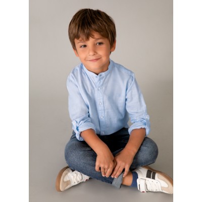 Πουκάμισο μακρυμάνικο γιακάς μαο λινό - ΓΑΛΑΖΙΟ 8Y