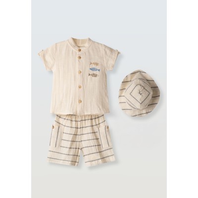 Σετ βερμούδα με καπέλο - ΕΚΡΟΥ 12M