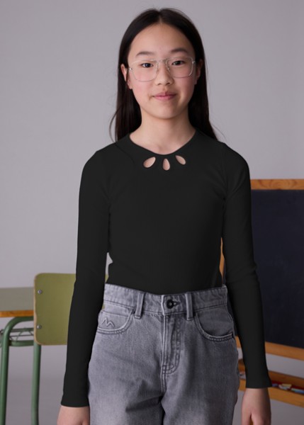 Μπλούζα μακρυμάνικη κανάλε cut out - ΜΑΥΡΟ 10Y